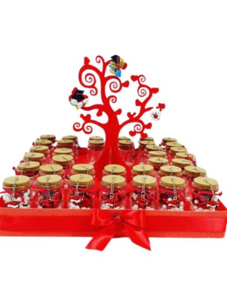 Vasetti portaconfetti in vetro con vassoio con albero della vita con tocco e pergamena per evento di laurea