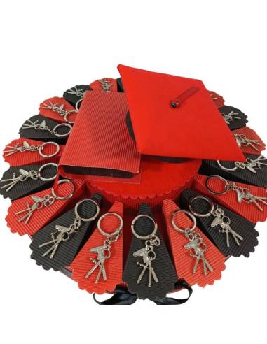 Torta bomboniera laurea portaconfetti con calibro e compasso portachiavi in zama