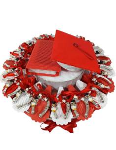 Torta bomboniera laurea con staffe di cavallo argentato con gufetto e pergamena