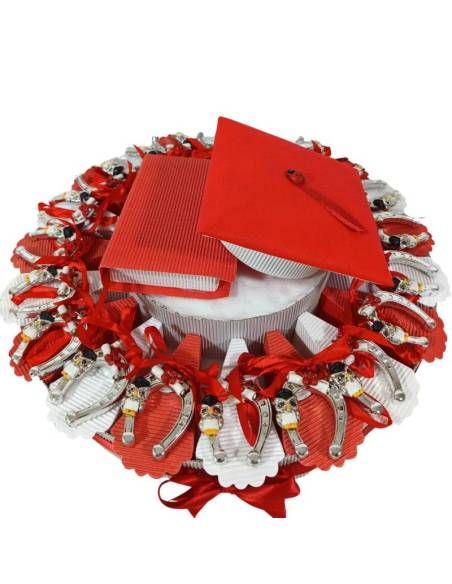 Torta bomboniera laurea con staffe di cavallo argentato con gufetto e pergamena