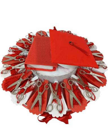 Bomboniera laurea forbici con nappina rossa torta bomboniera