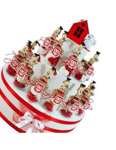 Vasetti laurea con gufetto e bambino laureando in resina con tocco e centrale scatolina con gufo