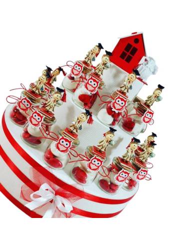 Vasetti laurea con gufetto e bambino laureando in resina con tocco e centrale scatolina con gufo