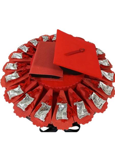 Bomboniere per laurea PERGAMENA argentata per economia con nappina tesi tocco