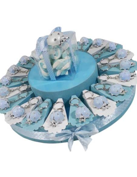 Torta bomboniere battesimo bimbo Coccinella portachiavi celeste