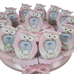 Torta bomboniere Battesimo gufetti rosa portafoto