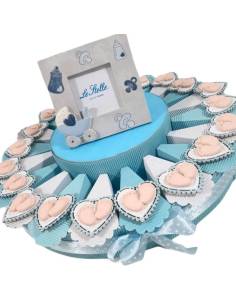 Torta bomboniera Battesimo piedini magneti a cuore per maschio