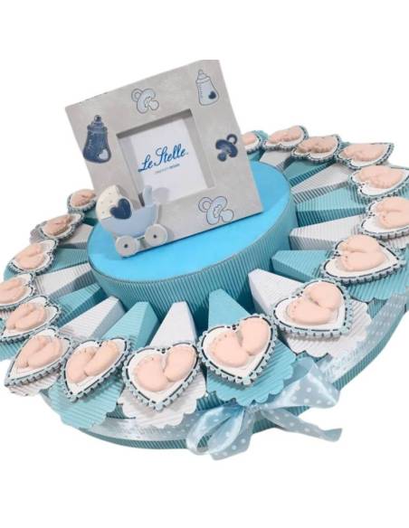 Torta bomboniera Battesimo piedini magneti a cuore per maschio