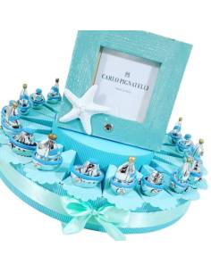 Torta bomboniere barchetta e nave argentate cornice Carlo Pignatelli