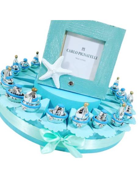 Torta bomboniere barchetta e nave argentate cornice Carlo Pignatelli