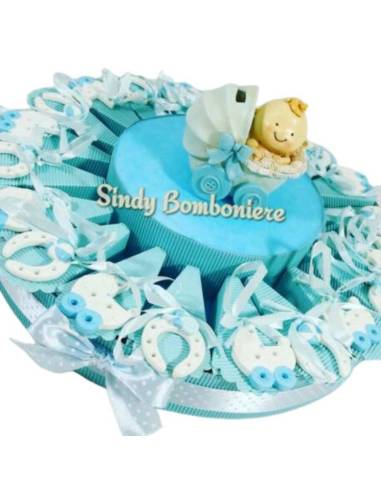 TORTA BOMBONIERA ciondolo ferro di cavallo e carrozzina nascita battesimo 1° compleanno