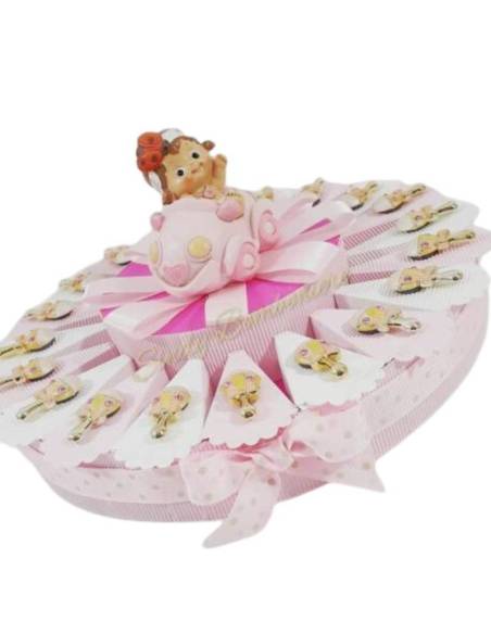 TORTA BOMBONIERA con sonagli magneti  in resina e centrale salvadanaio bambina con macchinina NASCITA BATTESIMO  BAMBINA