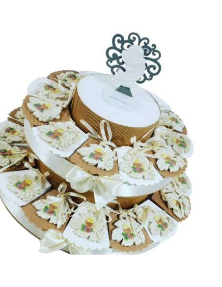 Torta bomboniera per comunione foglia immagine sacra