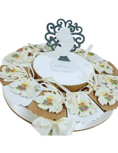 Torta bomboniera per comunione foglia immagine sacra
