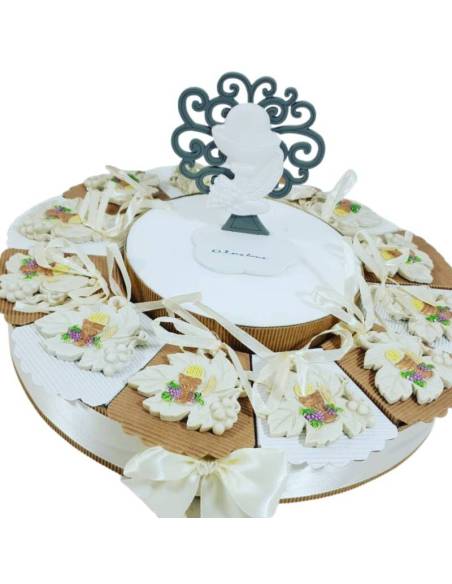 Torta bomboniera per comunione foglia immagine sacra
