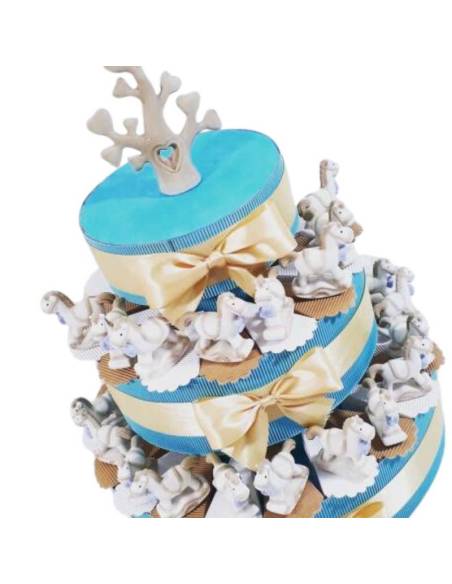 Bomboniera battesimo nascita maschietto cavalluccio a dondolo in ceramica e centrale albero della vita