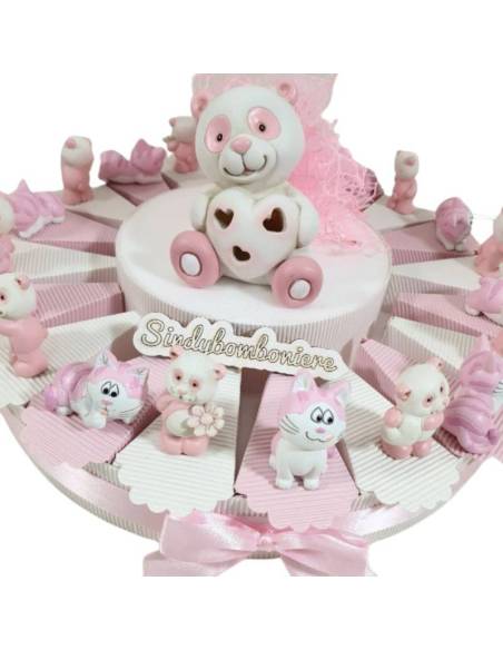 Torta di bomboniere fai da te animali rosa panda gattino