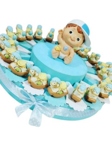 Torta portabomboniere maschietto con cavallucci a dondolo in resina evento battesimo, nascita, 1° compleanno