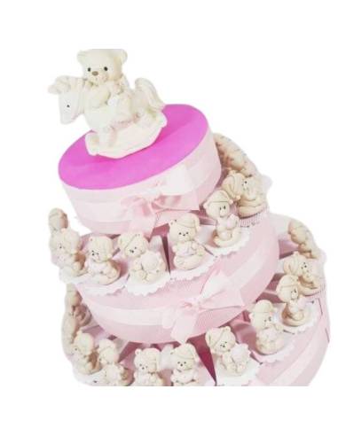 Torta bomboniera bimba orsetti sole luna stella assortiti effetto porcellana battesimo nascita femminuccia