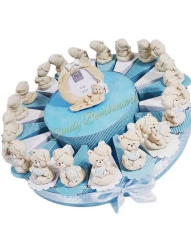 Torta bomboniera orsetti sole luna stella effetto porcellana battesimo nascita bimbo