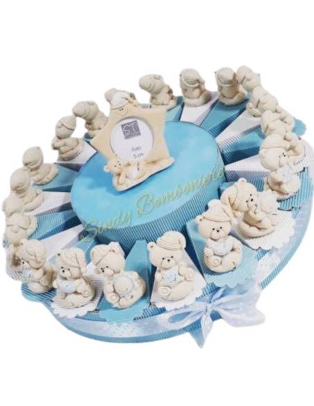 Torta bomboniera orsetti sole luna stella effetto porcellana battesimo nascita bimbo