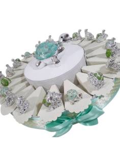 torta bomboniere battesimo maschio animaletti argentati misti con centrale salvadanaio