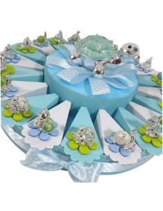 bomboniere battesimo maschio animaletti argentati torta portaconfetti madreperla celeste bomboniera