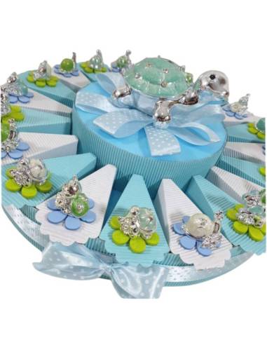 bomboniere battesimo maschio animaletti argentati torta portaconfetti madreperla celeste bomboniera