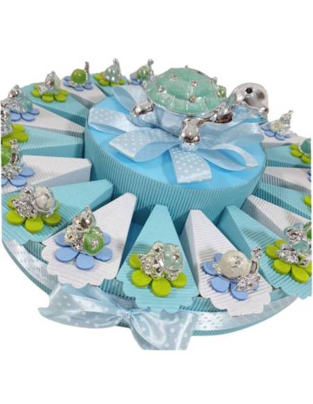 bomboniere battesimo maschio animaletti argentati torta portaconfetti madreperla celeste bomboniera