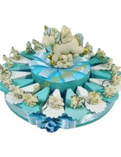 Torta bomboniere unicorno portachiavi panna e celeste