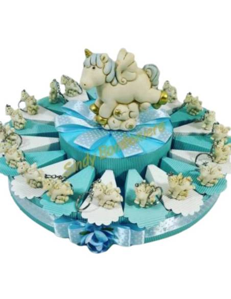 Torta bomboniere unicorno portachiavi panna e celeste