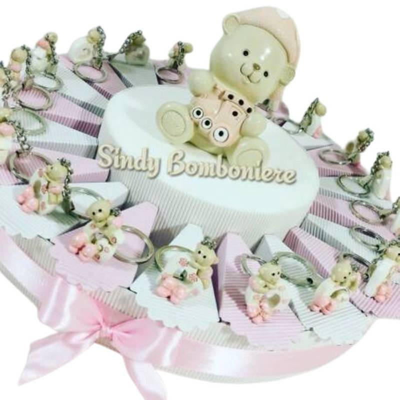BOMBONIERA NASCITA BATTESIMO torta ORSACCHIOTTO portachiavi cuore bambina