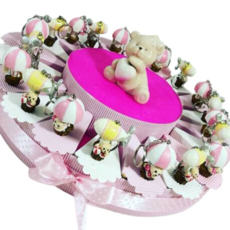 Torta Bomboniere nascita battesimo femmina orsetti portachiavi mongolfiera e dirigibile misti