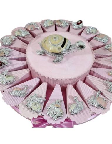 Torta bomboniere animaletti argentati magnete bimba