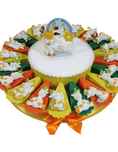 TORTA Bomboniere unicorno colore arancione e verde