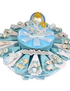 Torta confetti con calamite animaletti bianchi e azzurri