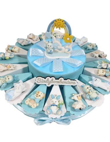 Torta confetti con calamite animaletti bianchi e azzurri