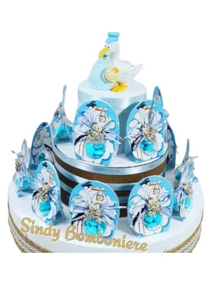 Torta bomboniere con cicogna e orsetto magnete