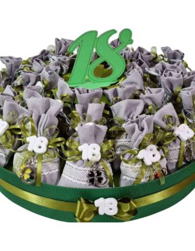 Torta 25 sacchetti in cotone con portachiavi quadrifoglio portafortuna per evento 18 compleanno