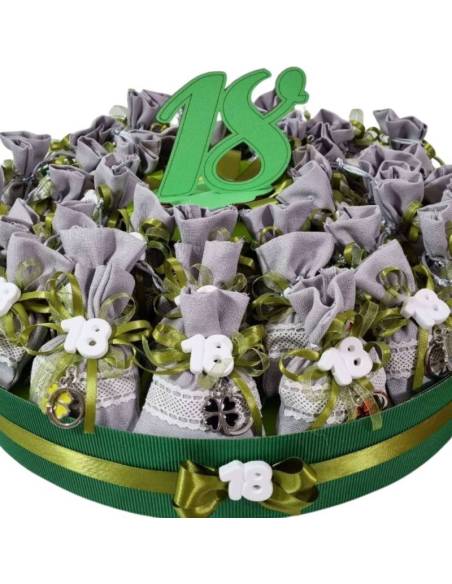 Torta 25 sacchetti in cotone con portachiavi quadrifoglio portafortuna per evento 18 compleanno