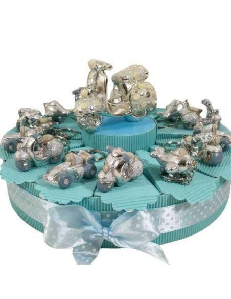 Torta bomboniera veicoli a portachiavi argentati