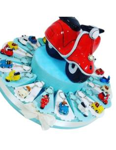 Torta Bomboniere vespe/auto 500 portachiavi colorati per cresima comunione compleanno