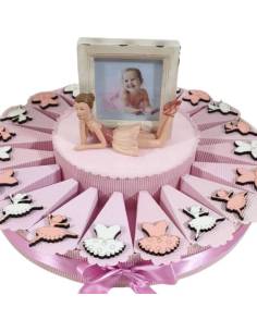 Torta di bomboniere ballerine con portafoto centrale