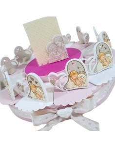Torta bomboniera nascita battesimo bambina cuore sacra famiglia ceramica effetto pietra sacramenti