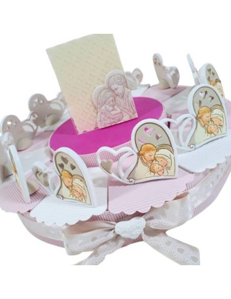 Torta bomboniera nascita battesimo bambina cuore sacra famiglia ceramica effetto pietra sacramenti