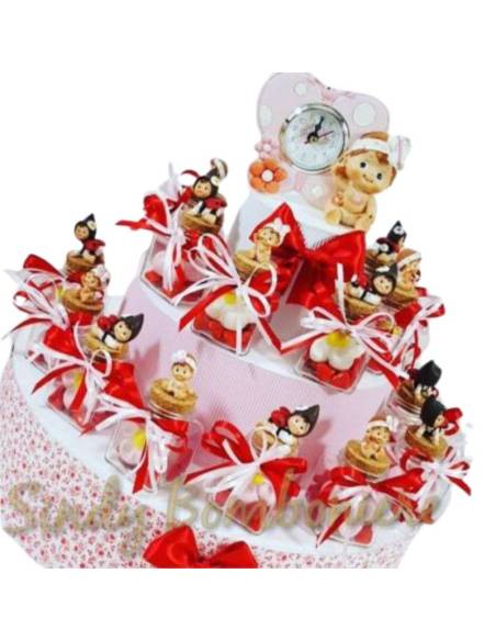 Bomboniera nascita battesimo torta vasetti BIMBA marshmallow orologio farfalla
