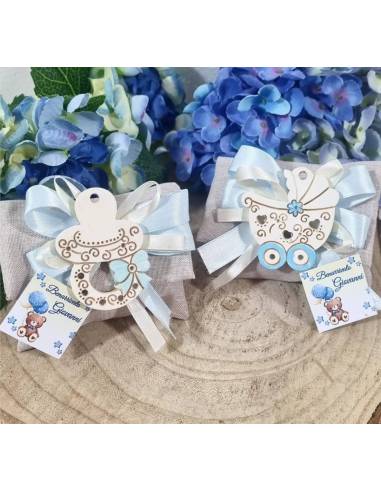 Sacchetti nascita bimbo con ciuccio e carrozza magneti| Sindy Bomboniere