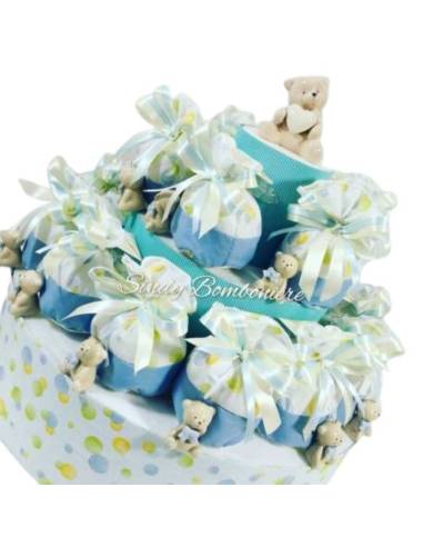 Torta bomboniera Battesimo sacchetti pois orsetto ceramica bimbo