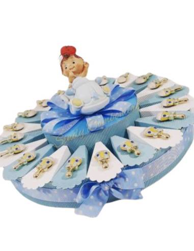 Torta bomboniera per battesimo nascita sonaglio magnete maschietto con centrale macchinina salvadanaio