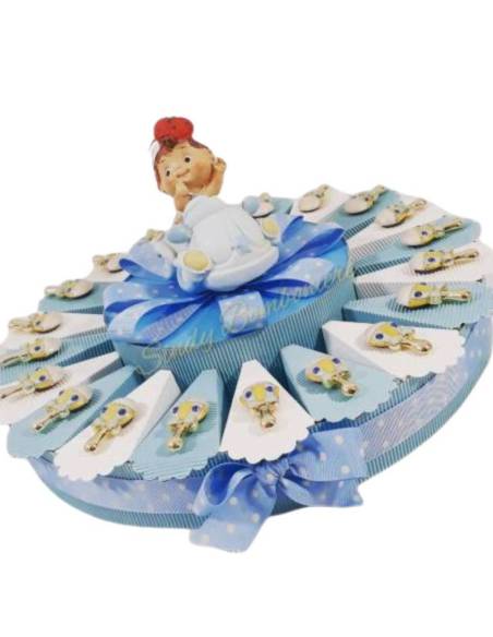 Torta bomboniera per battesimo nascita sonaglio magnete maschietto con centrale macchinina salvadanaio